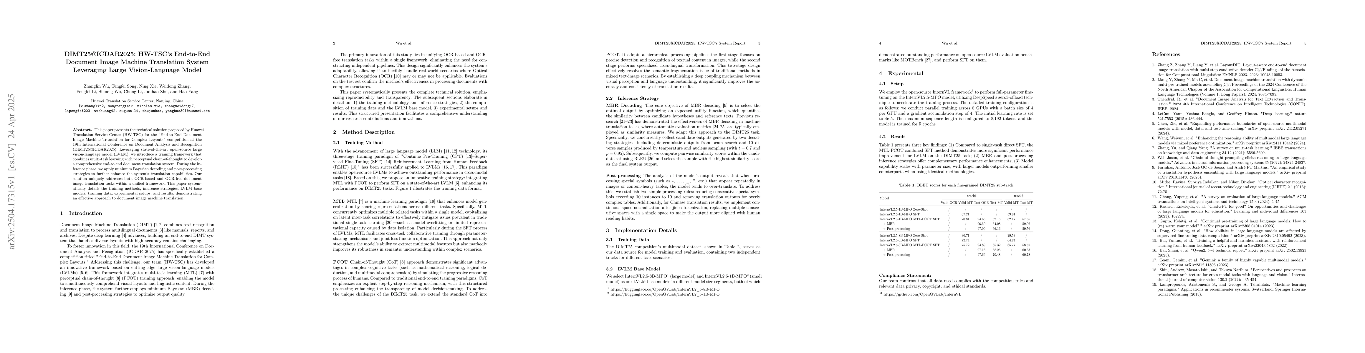 Thumbnail for DIMT25@ICDAR2025: HW-TSC's End-to-End Document Image Machine Translation
  System Leveraging Large Vision-Language Model