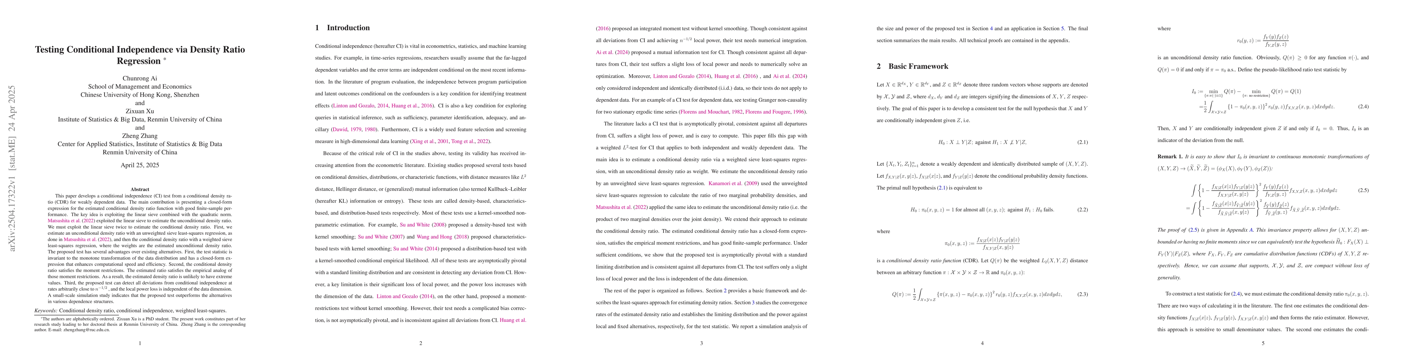 Thumbnail for Testing Conditional Independence via Density Ratio Regression
