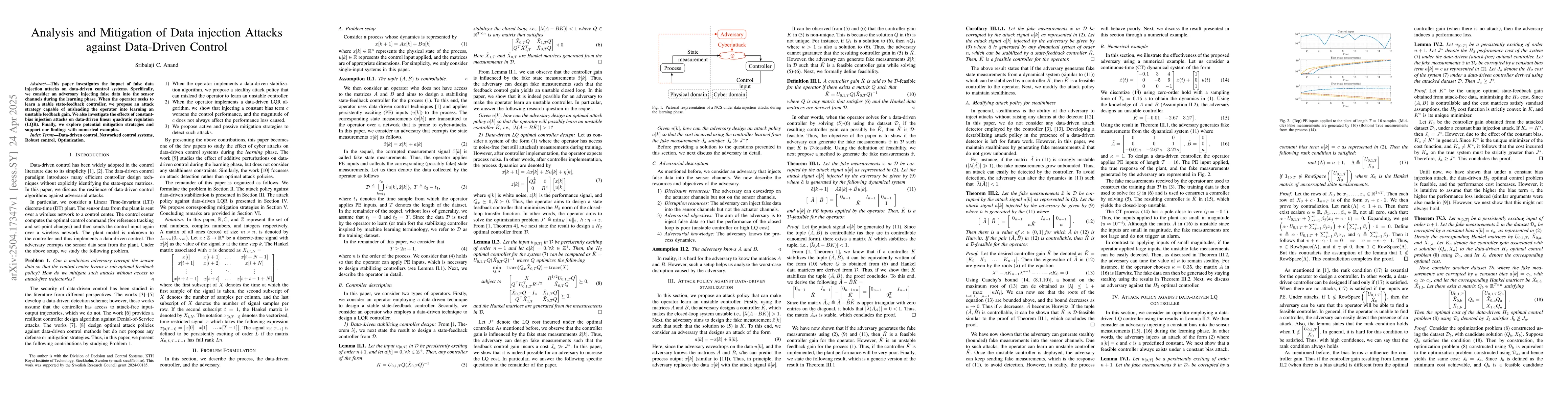 Thumbnail for Analysis and Mitigation of Data injection Attacks against Data-Driven
  Control