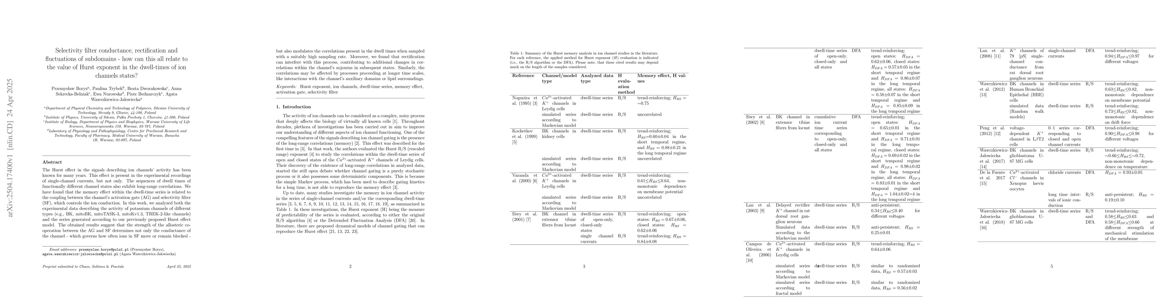 Thumbnail for Selectivity filter conductance, rectification and fluctuations of
  subdomains - how can this all relate to the value of Hurst exponent in the
  dwell-times of ion channels states?