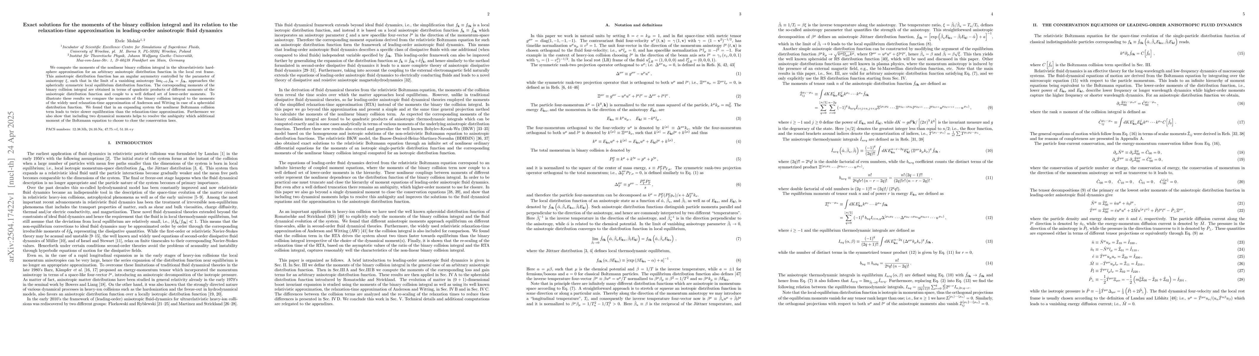 Thumbnail for Exact solutions for the moments of the binary collision integral and its
  relation to the relaxation-time approximation in leading-order anisotropic
  fluid dynamics