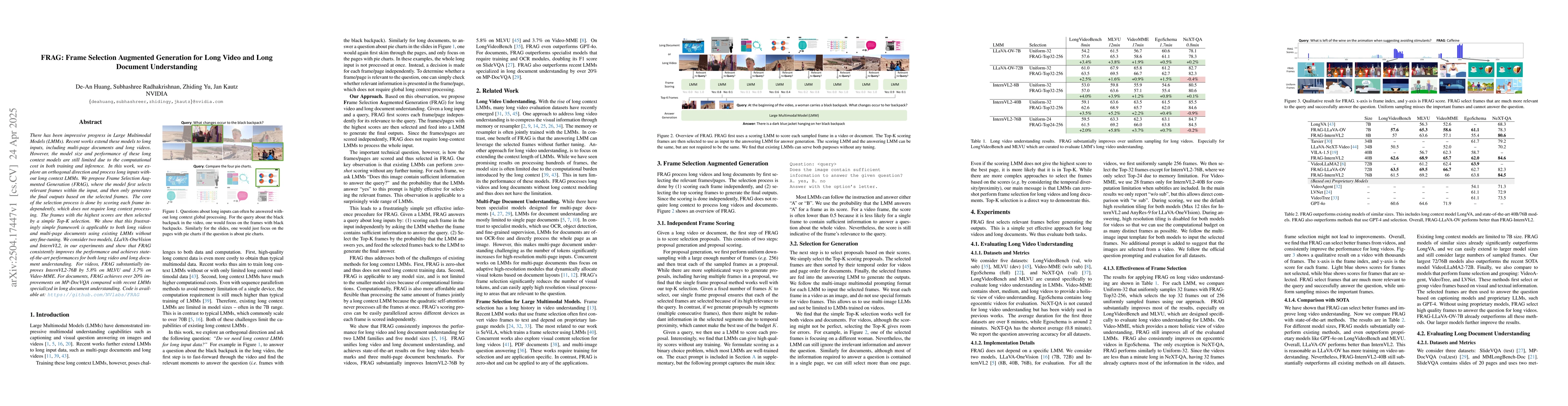 Thumbnail for FRAG: Frame Selection Augmented Generation for Long Video and Long
  Document Understanding