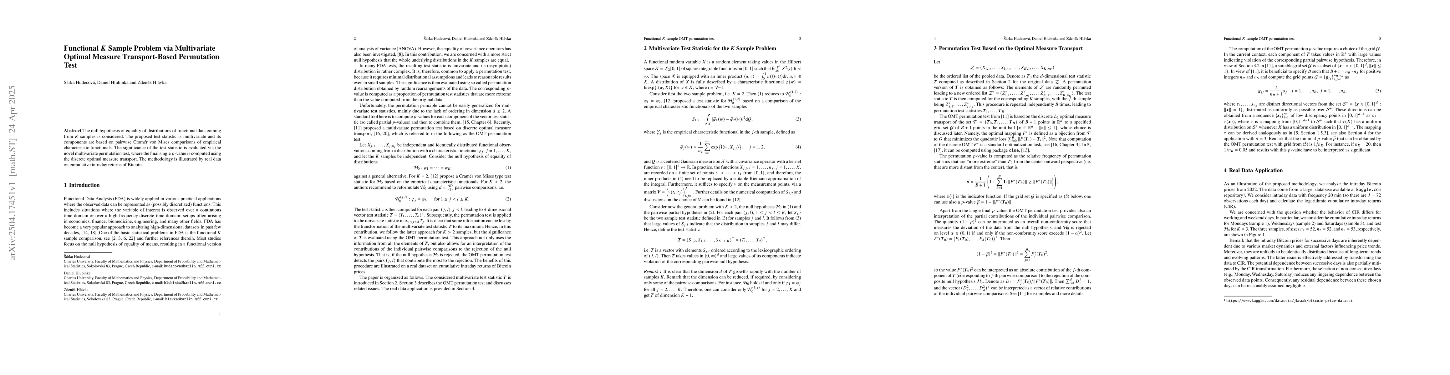 Thumbnail for Functional $K$ Sample Problem via Multivariate Optimal Measure
  Transport-Based Permutation Test