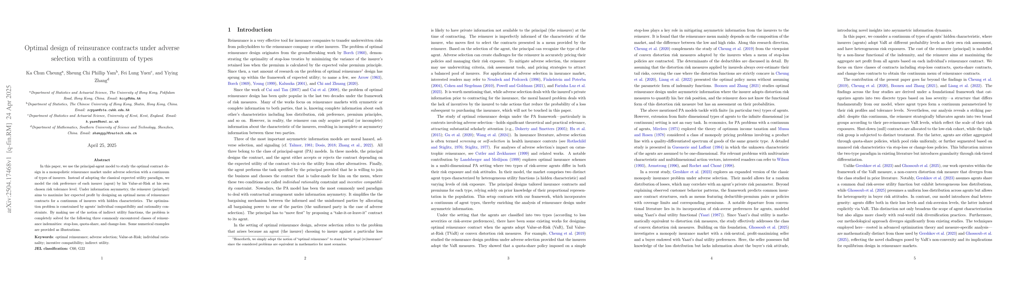Thumbnail for Optimal design of reinsurance contracts under adverse selection with a
  continuum of types