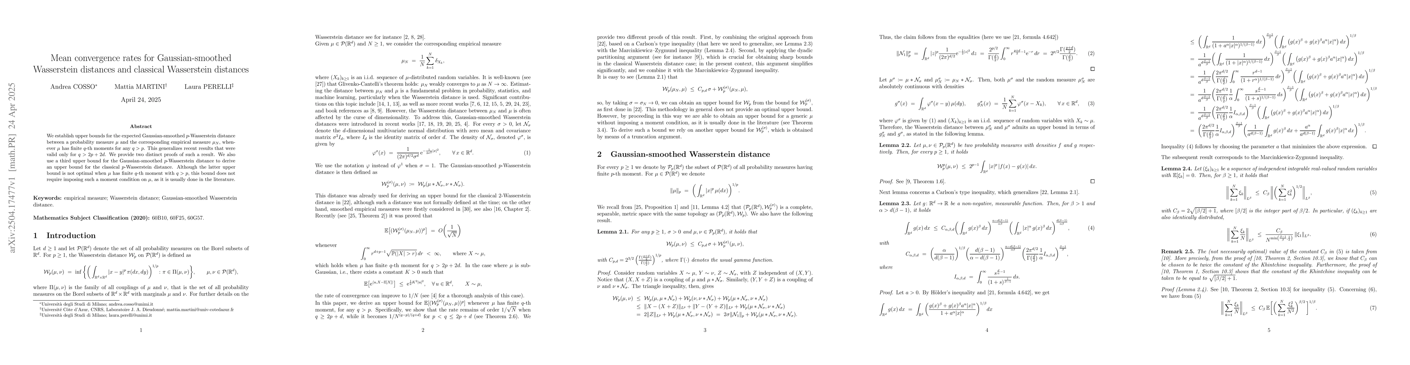 Thumbnail for Mean convergence rates for Gaussian-smoothed Wasserstein distances and
  classical Wasserstein distances