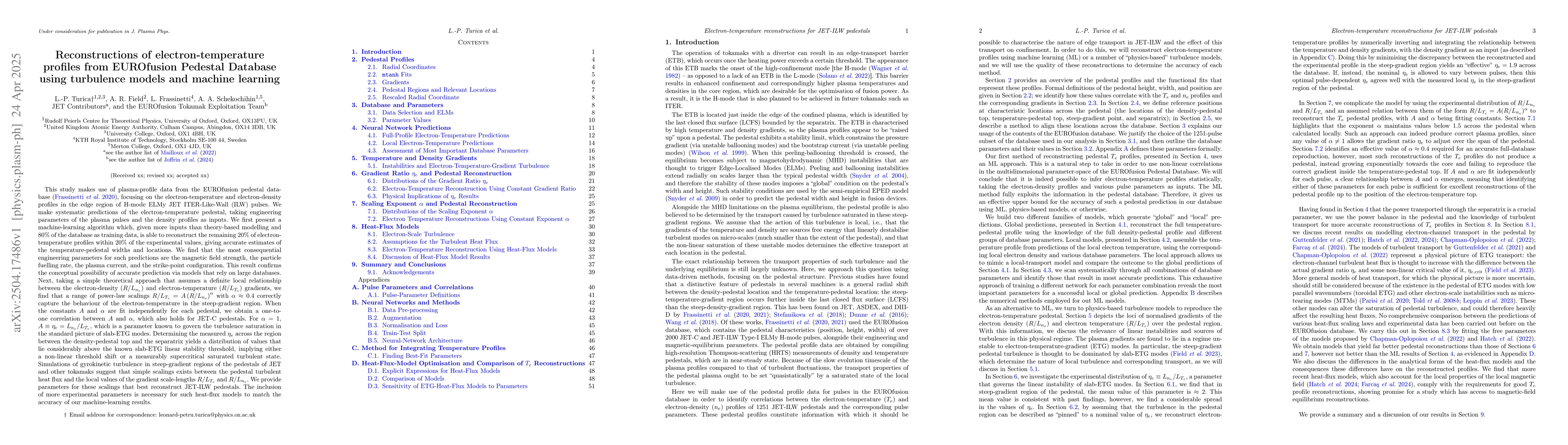 Thumbnail for Reconstructions of electron-temperature profiles from EUROfusion
  Pedestal Database using turbulence models and machine learning