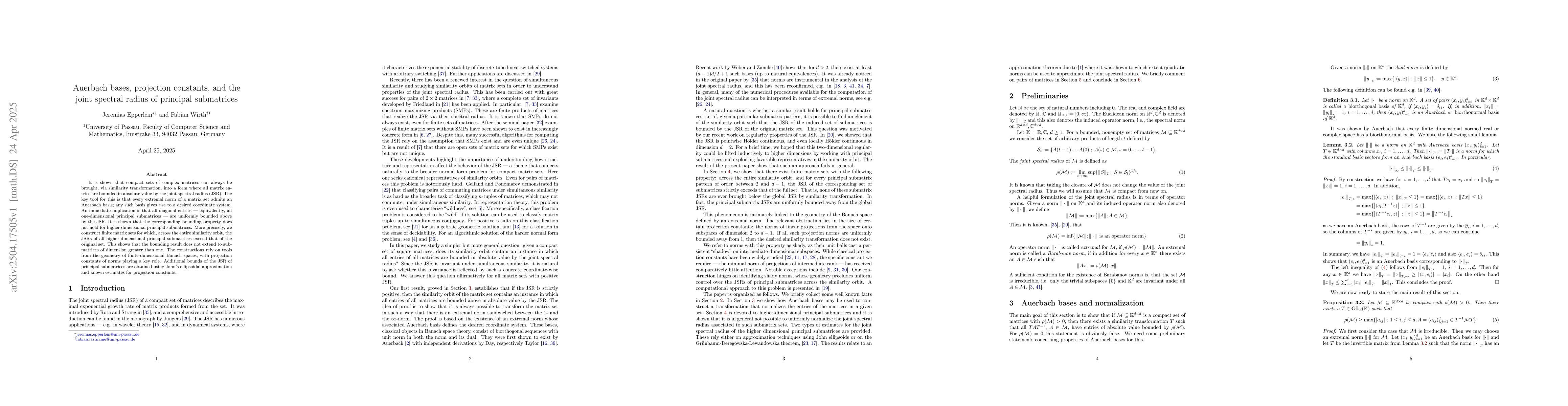 Thumbnail for Auerbach bases, projection constants, and the joint spectral radius of
  principal submatrices