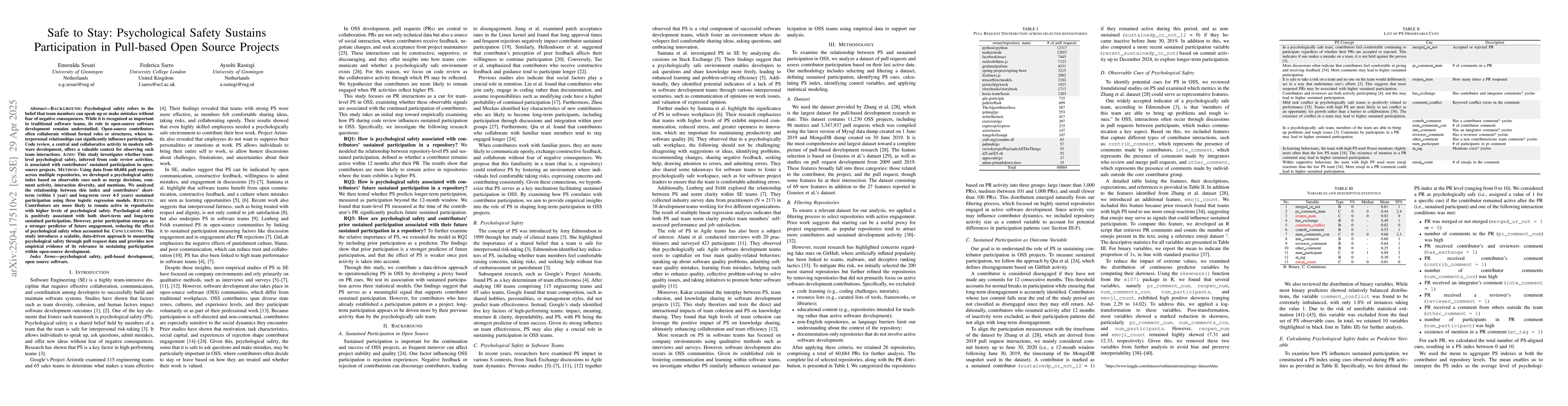 Thumbnail for Safe to Stay: Psychological Safety Sustains Participation in Pull-based
  Open Source Projects