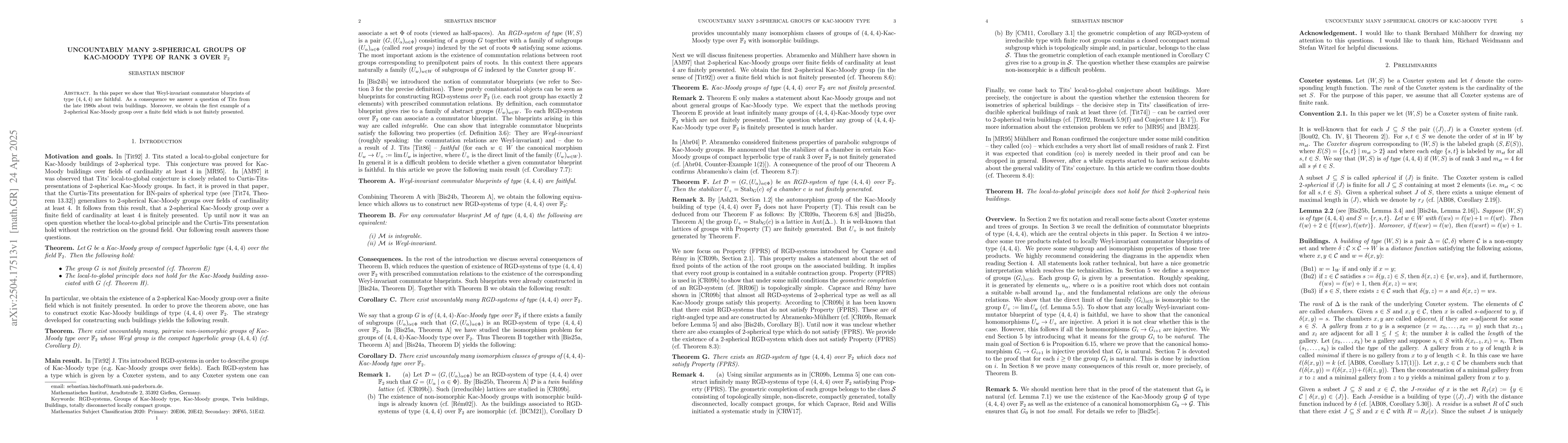 Thumbnail for Uncountably many $2$-spherical groups of Kac-Moody type of rank $3$ over
  $\mathbb{F}_2$