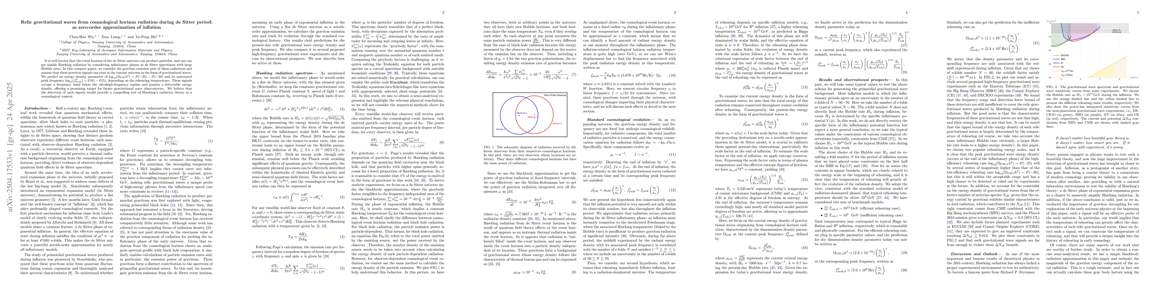 Thumbnail for Relic gravitational waves from cosmological horizon radiation during de
  Sitter period: as zero-order approximation of inflation