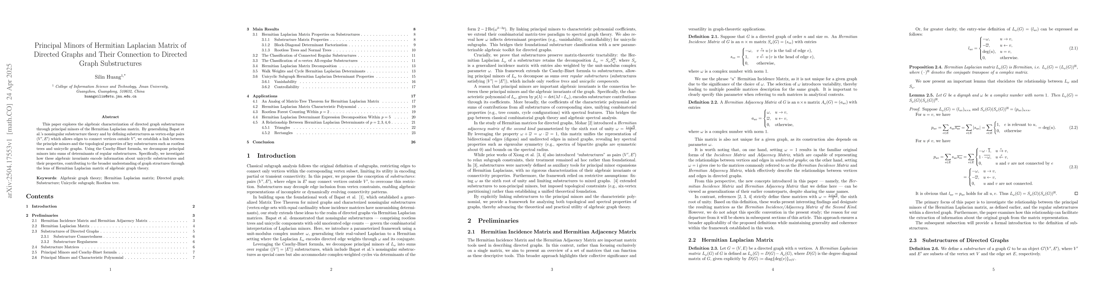 Thumbnail for Principal Minors of Hermitian Laplacian Matrix of Directed Graphs and
  Their Connection to Directed Graph Substructures