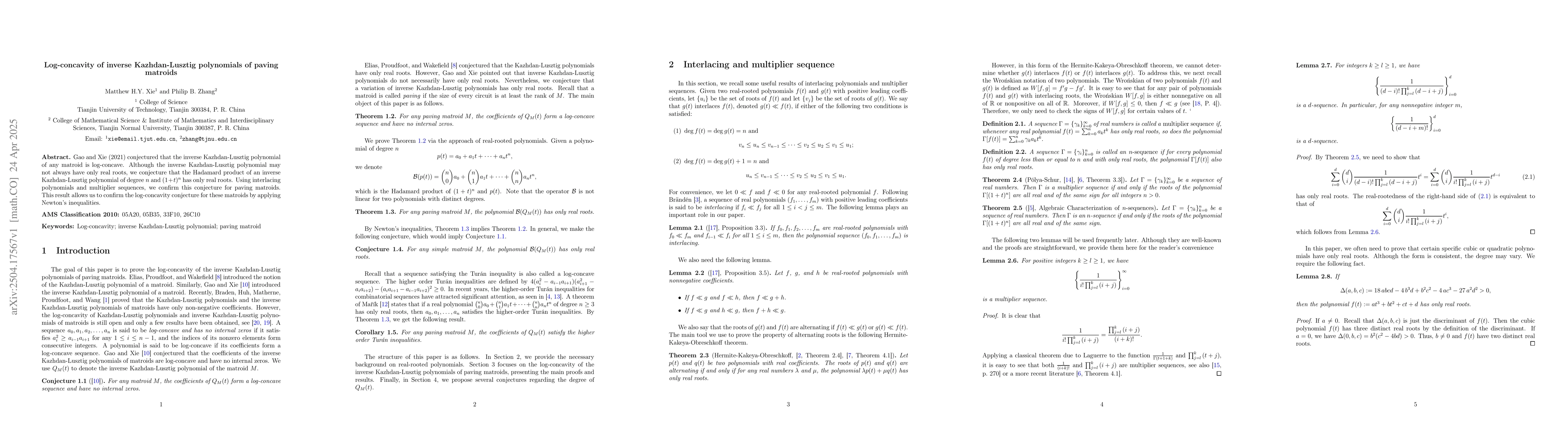 Thumbnail for Log-concavity of inverse Kazhdan-Lusztig polynomials of paving matroids