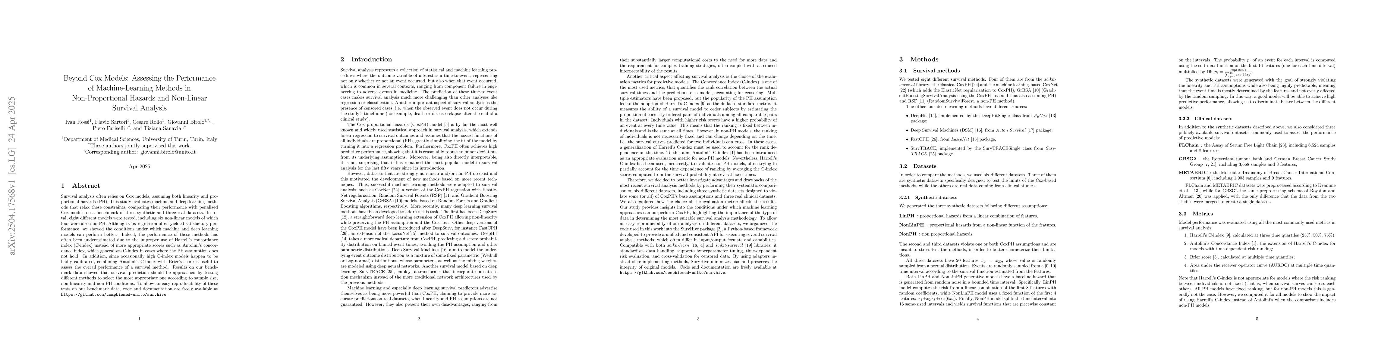 Thumbnail for Beyond Cox Models: Assessing the Performance of Machine-Learning Methods
  in Non-Proportional Hazards and Non-Linear Survival Analysis
