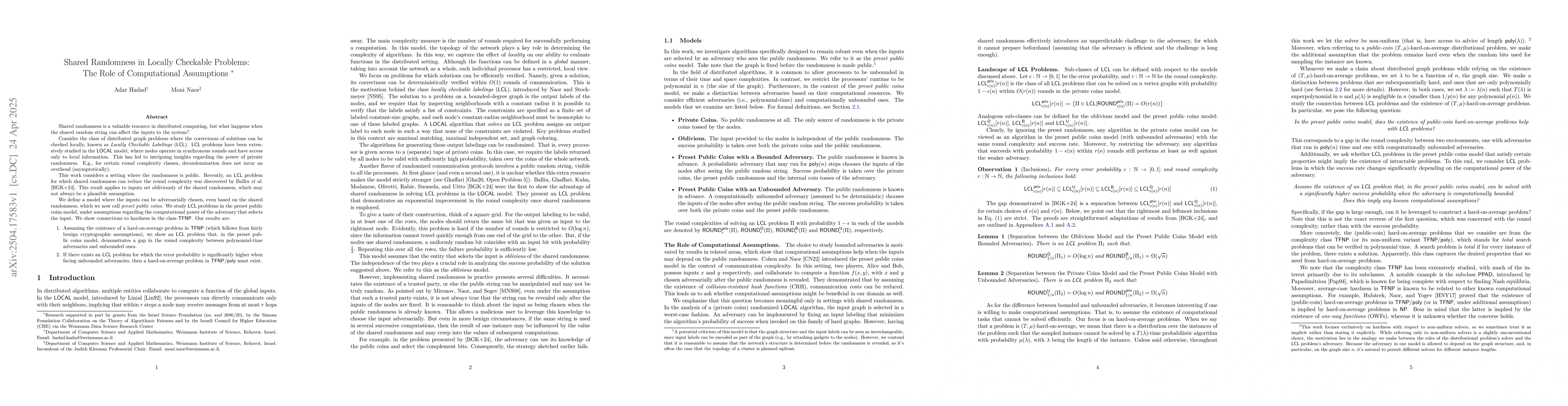 Thumbnail for Shared Randomness in Locally Checkable Problems: The Role of
  Computational Assumptions