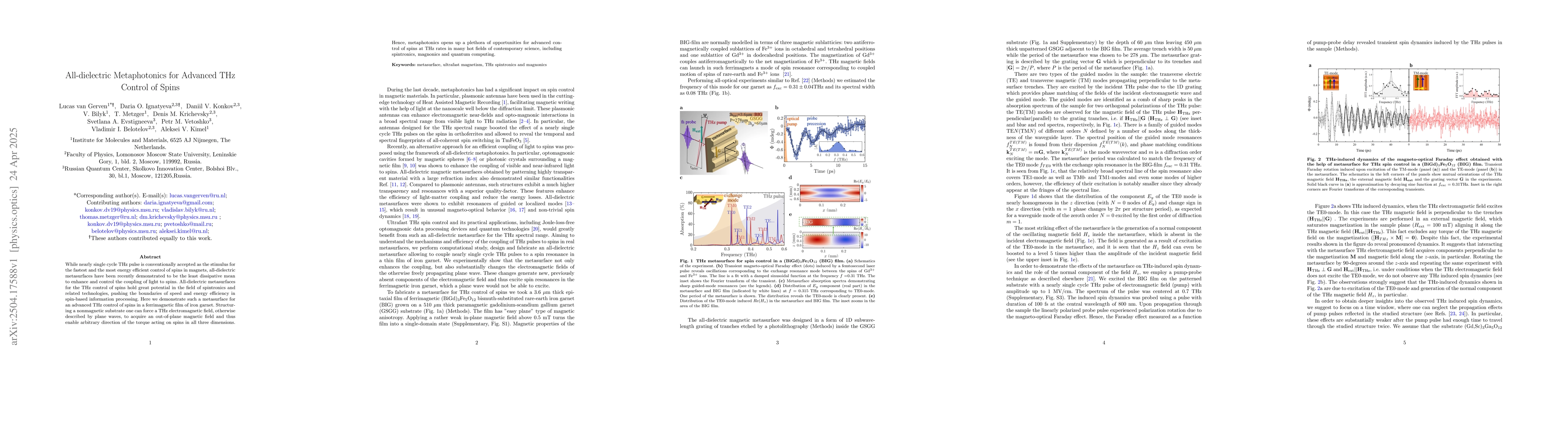Thumbnail for All-dielectric Metaphotonics for Advanced THz Control of Spins