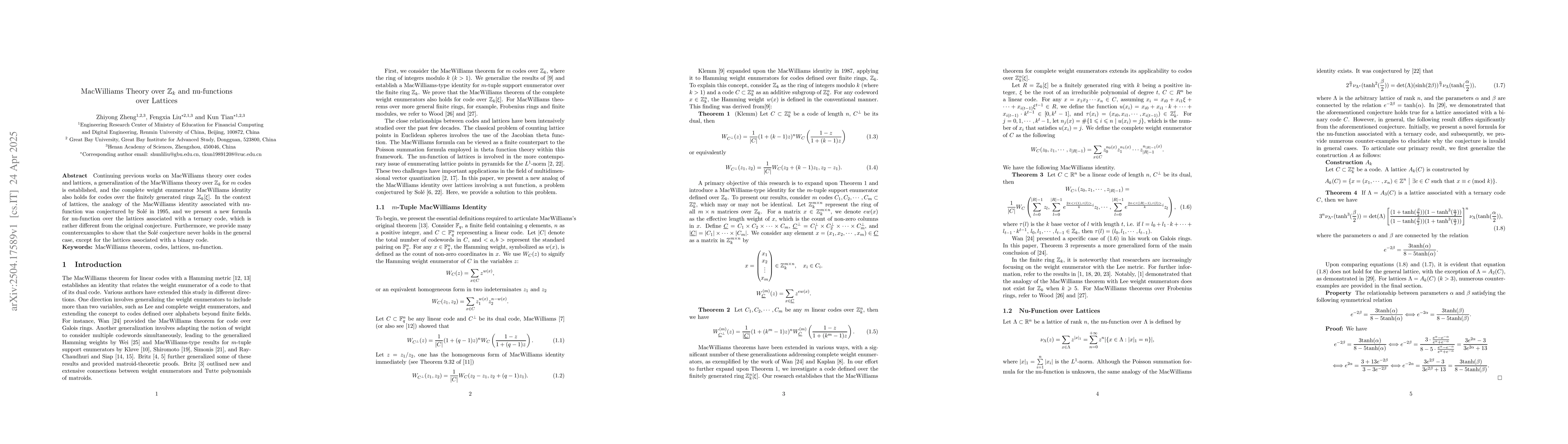 Thumbnail for MacWilliams Theory over Zk and nu-functions over Lattices