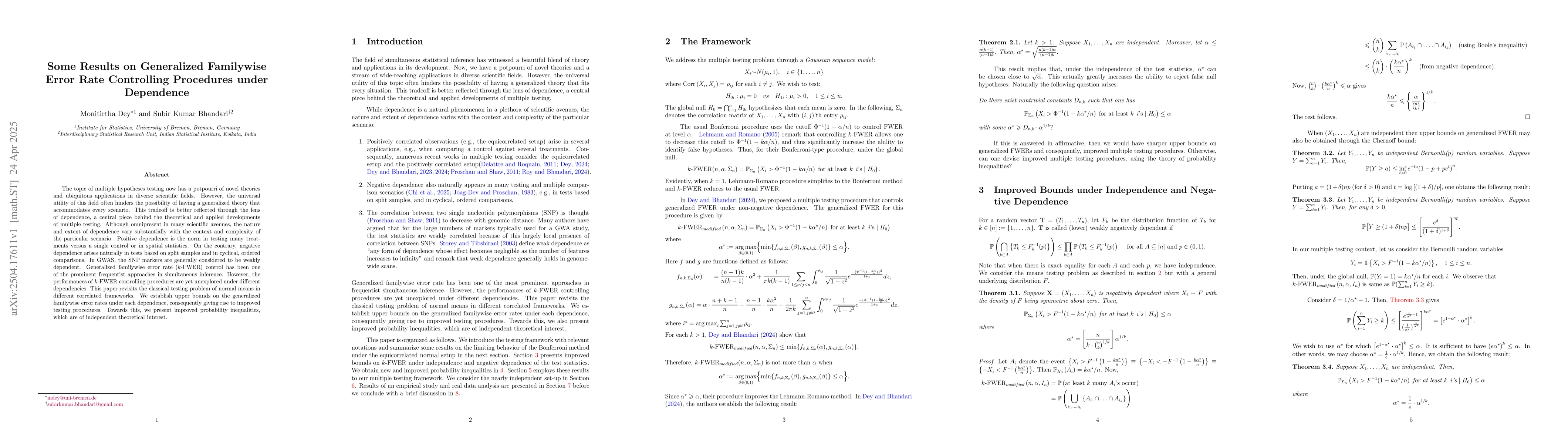Thumbnail for Some Results on Generalized Familywise Error Rate Controlling Procedures
  under Dependence