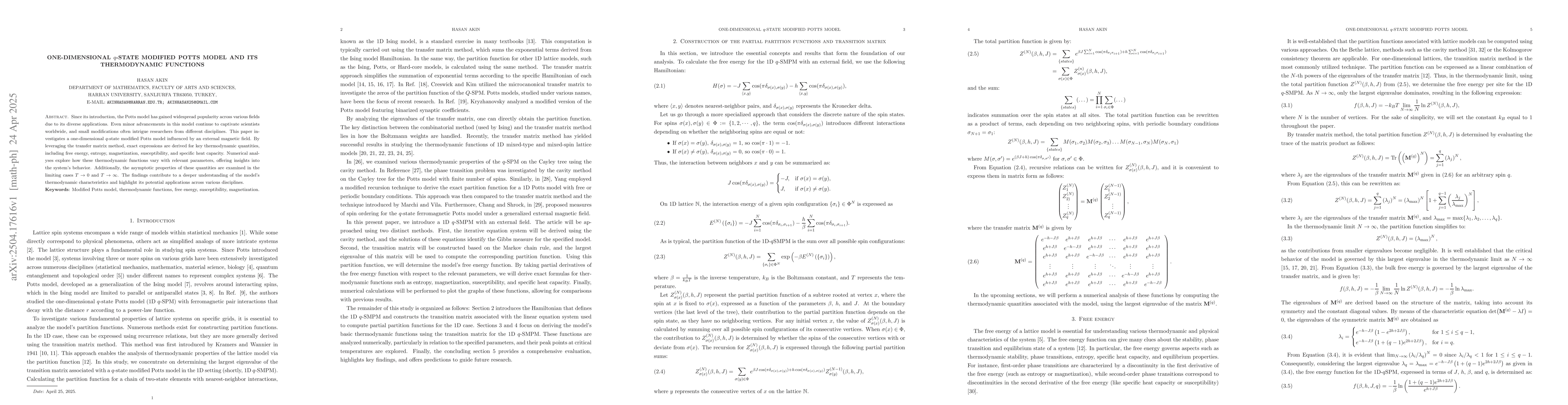 Thumbnail for One-dimensional $q$-state modified Potts model and its thermodynamic
  functions