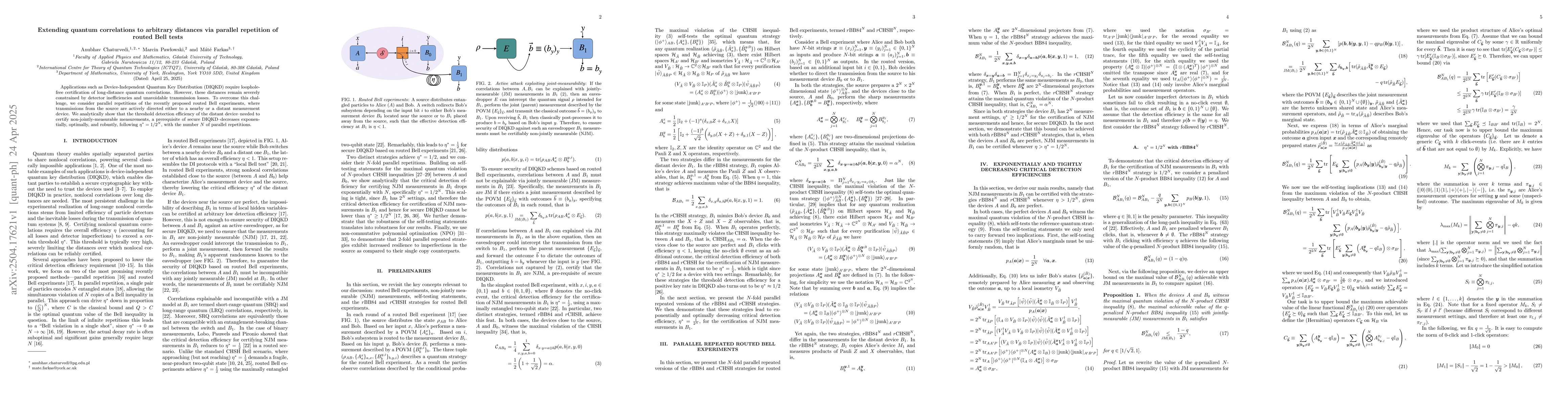 Thumbnail for Extending quantum correlations to arbitrary distances via parallel
  repetition of routed Bell tests