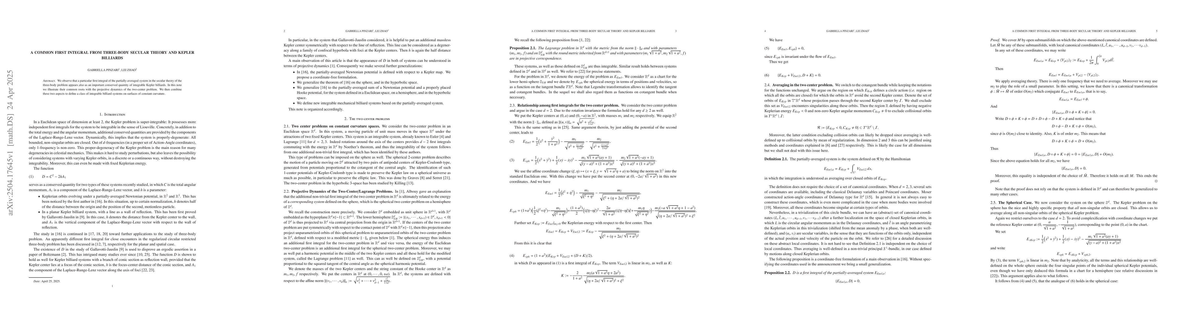 Thumbnail for A common first integral from three-body secular theory and Kepler
  billiards