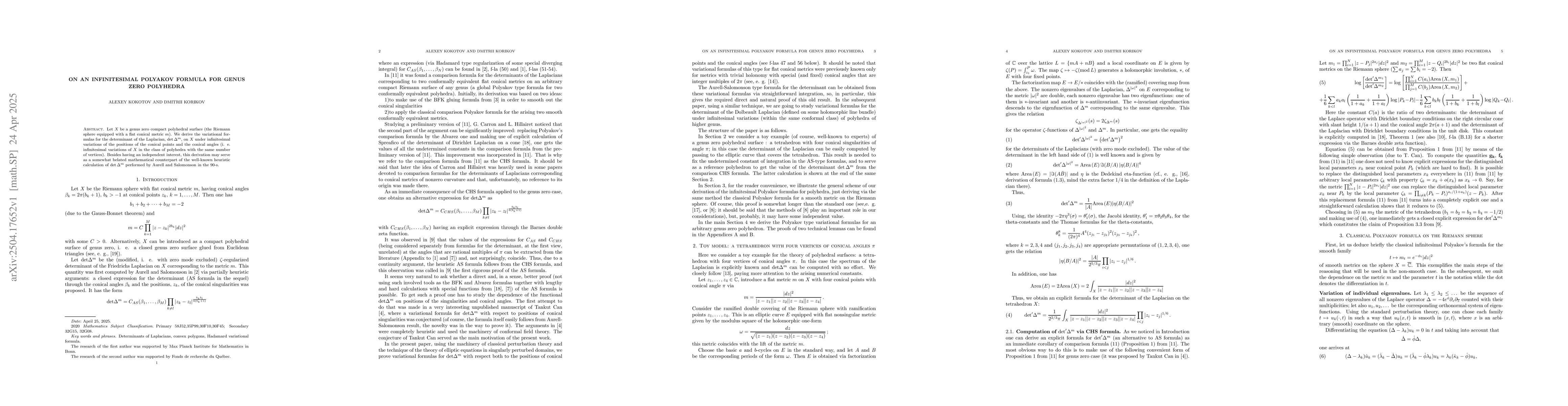 Thumbnail for On an infinitesimal Polyakov formula for genus zero polyhedra