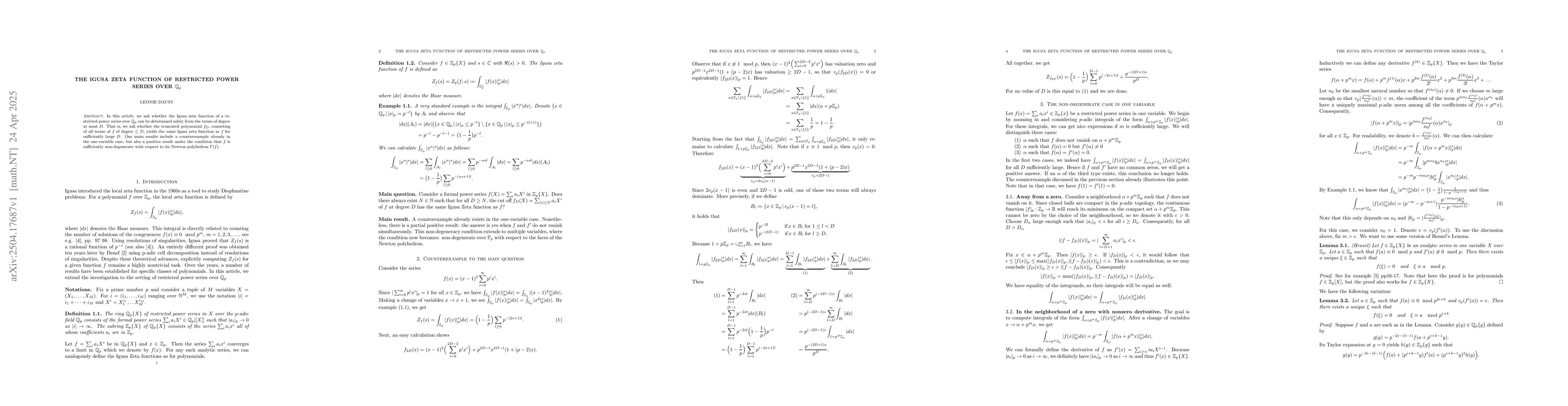 Thumbnail for The Igusa Zeta function of restricted power series over $\mathbb{Q}_p$