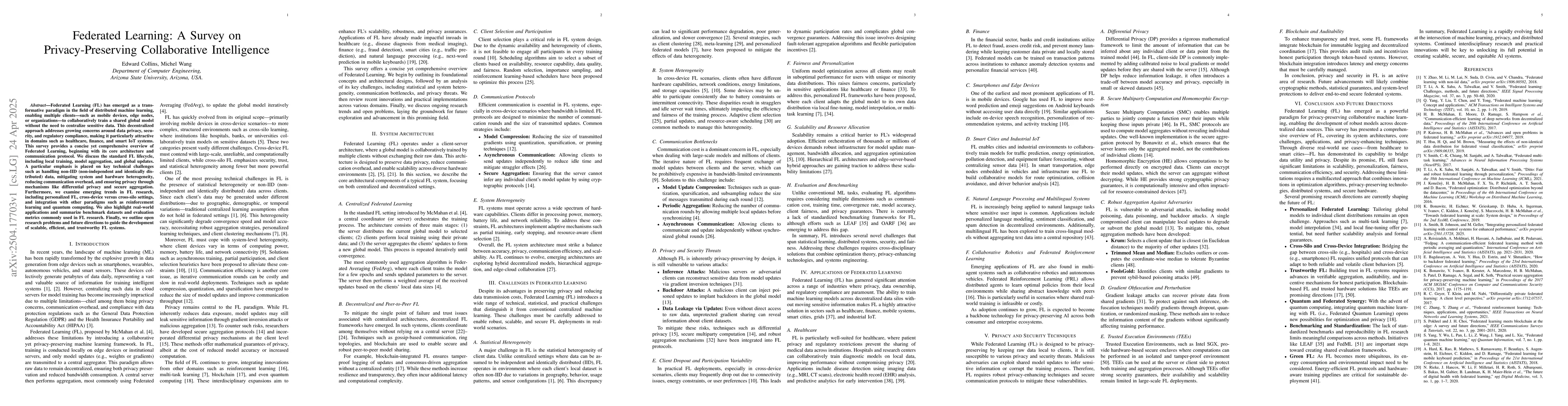 Thumbnail for Federated Learning: A Survey on Privacy-Preserving Collaborative
  Intelligence