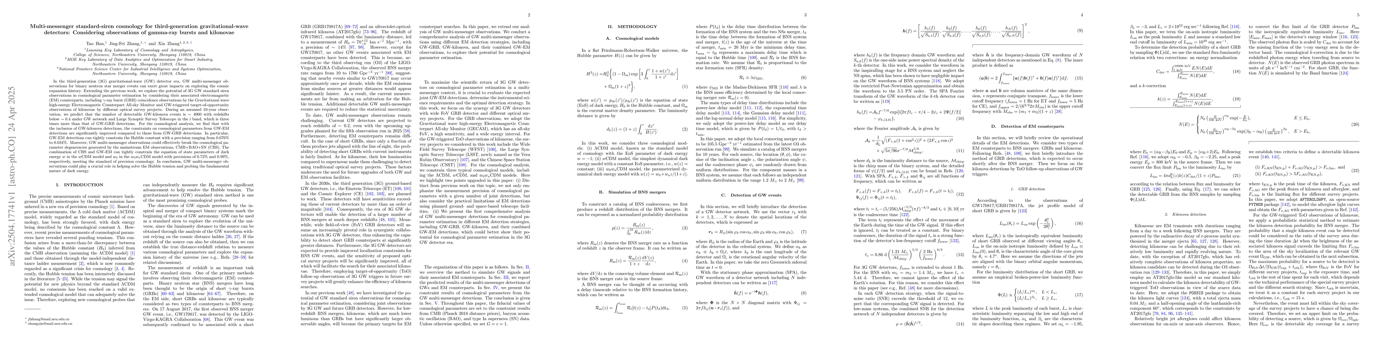 Thumbnail for Multi-messenger standard-siren cosmology for third-generation
  gravitational-wave detectors: Considering observations of gamma-ray bursts
  and kilonovae