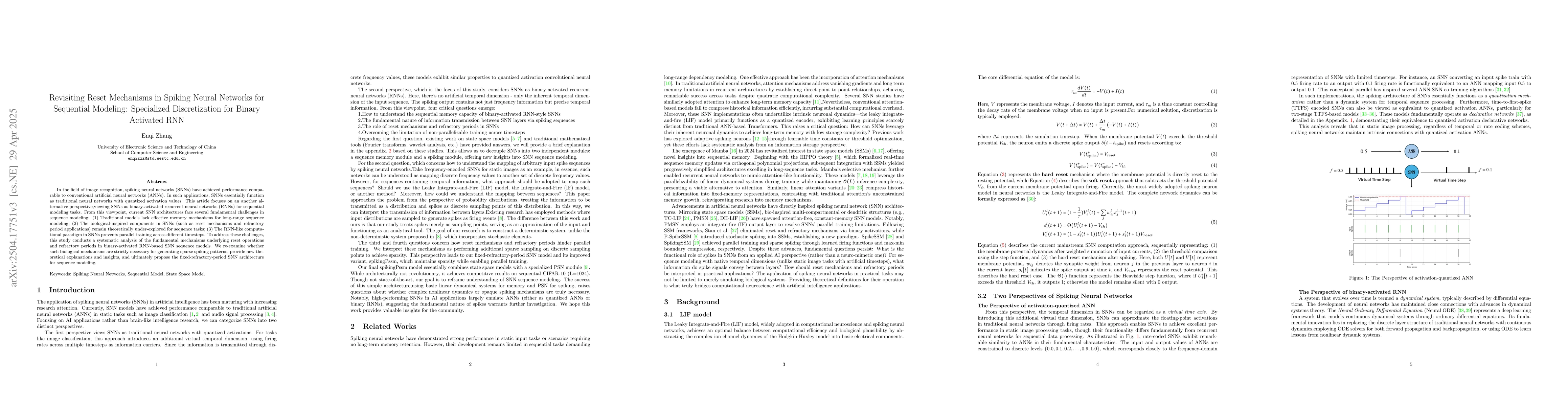 Thumbnail for Revisiting Reset Mechanisms in Spiking Neural Networks for Sequential
  Modeling: Specialized Discretization for Binary Activated RNN