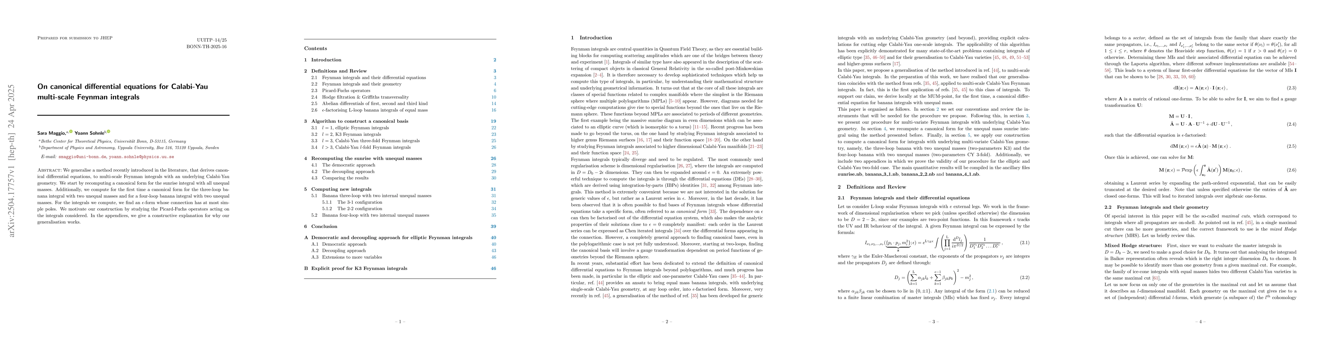 Thumbnail for On canonical differential equations for Calabi-Yau multi-scale Feynman
  integrals
