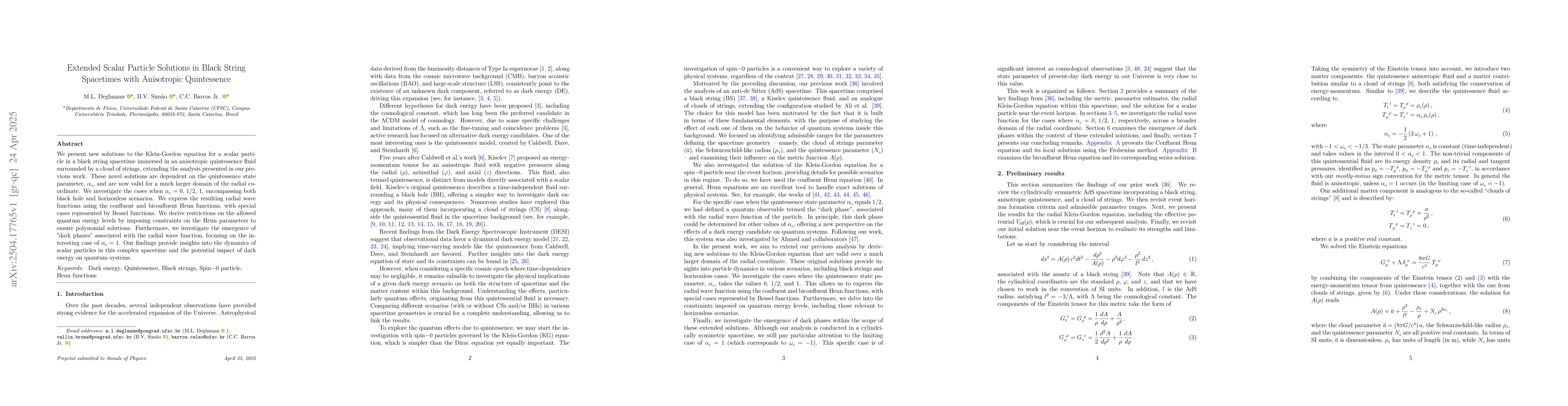 Thumbnail for Extended Scalar Particle Solutions in Black String Spacetimes with
  Anisotropic Quintessence