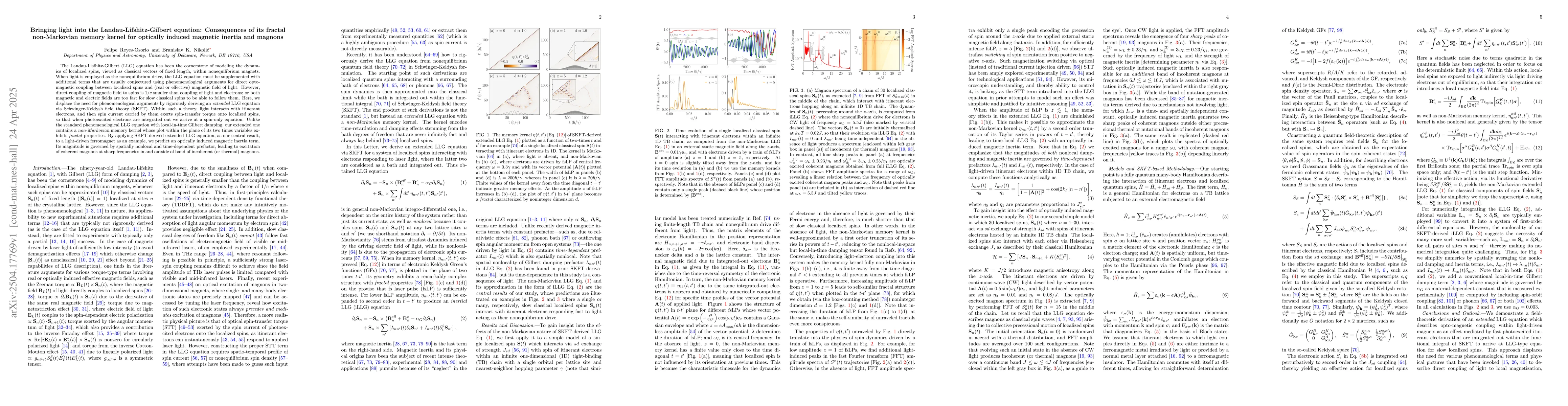 Thumbnail for Bringing light into the Landau-Lifshitz-Gilbert equation: Consequences
  of its fractal non-Markovian memory kernel for optically induced magnetic
  inertia and magnons