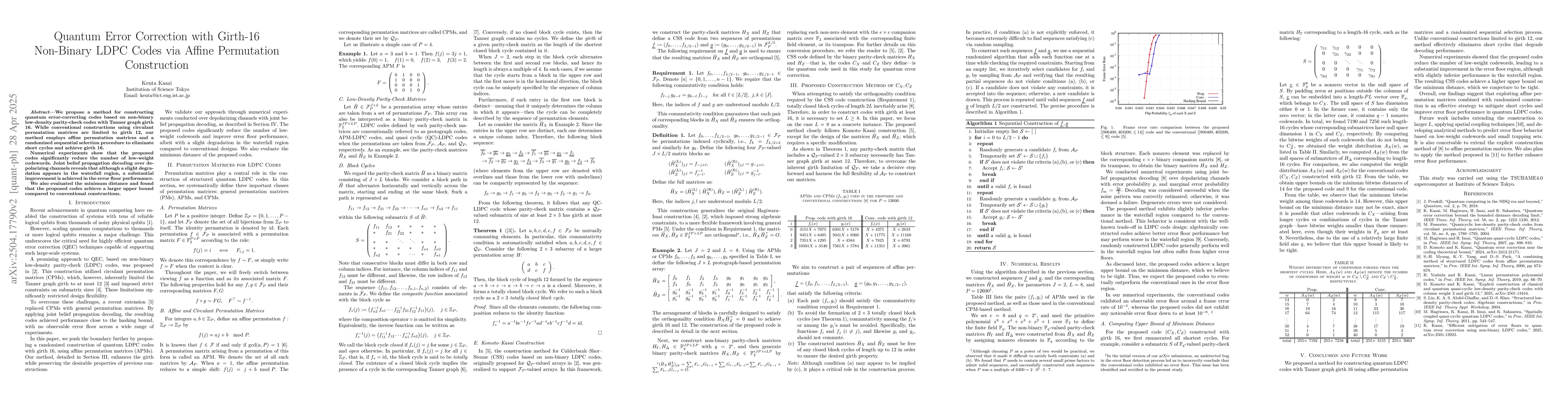 Thumbnail for Quantum Error Correction with Girth-16 Non-Binary LDPC Codes via Affine
  Permutation Construction