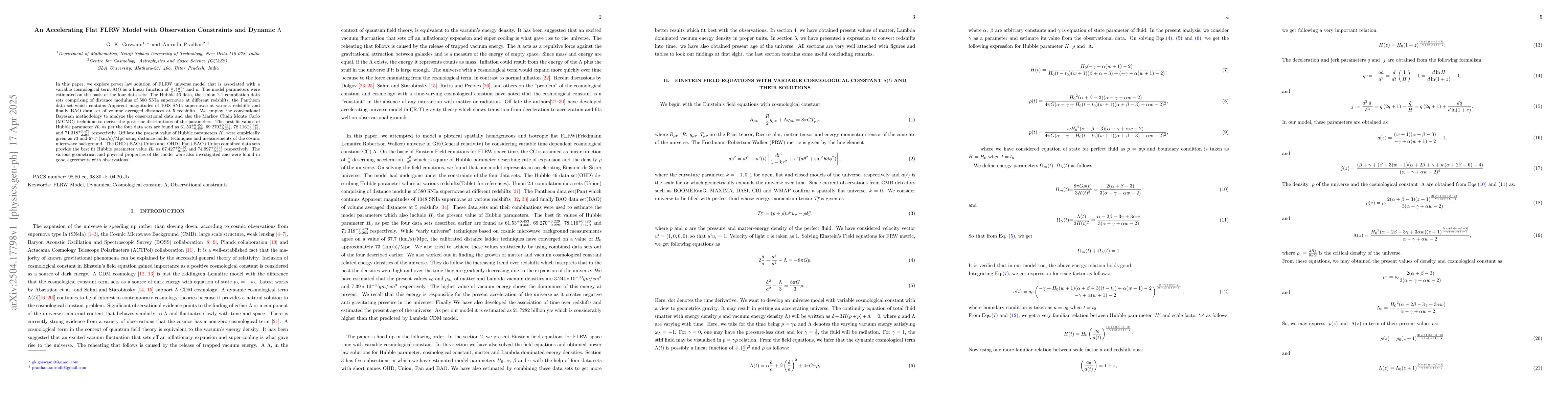 Thumbnail for An Accelerating Flat FLRW Model with Observation Constraints and Dynamic
  $Λ$