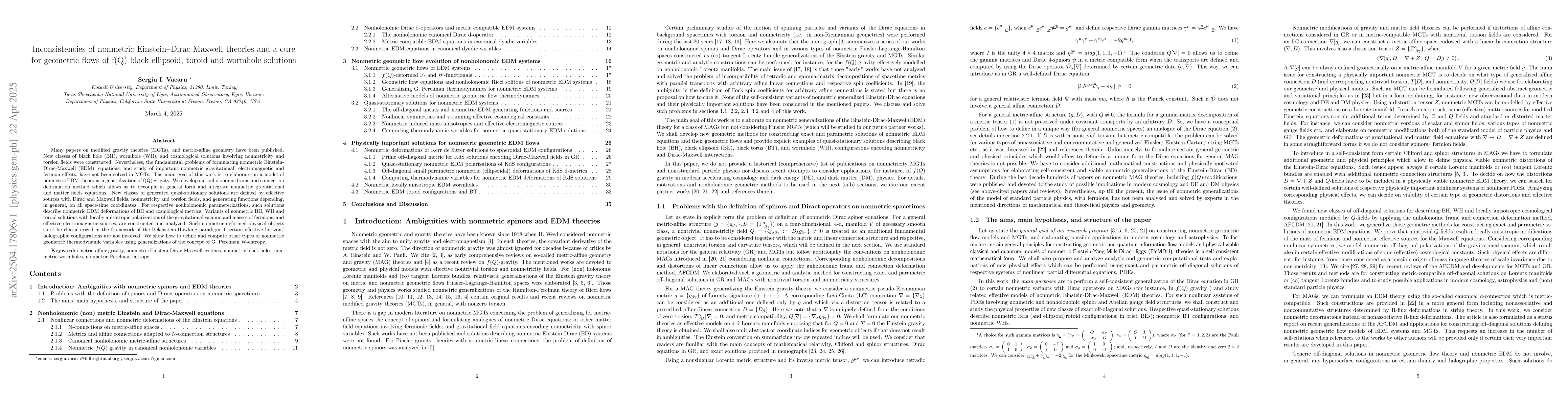 Thumbnail for Inconsistencies of nonmetric Einstein-Dirac-Maxwell theories and a cure
  for geometric flows of f(Q) black ellipsoid, toroid and wormhole solutions