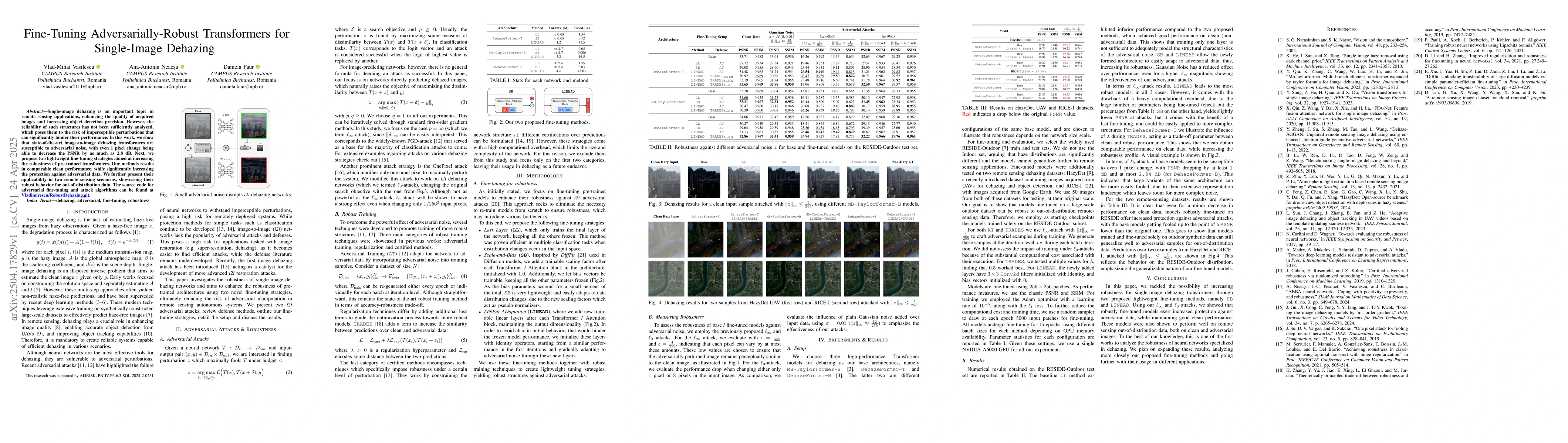 Thumbnail for Fine-Tuning Adversarially-Robust Transformers for Single-Image Dehazing