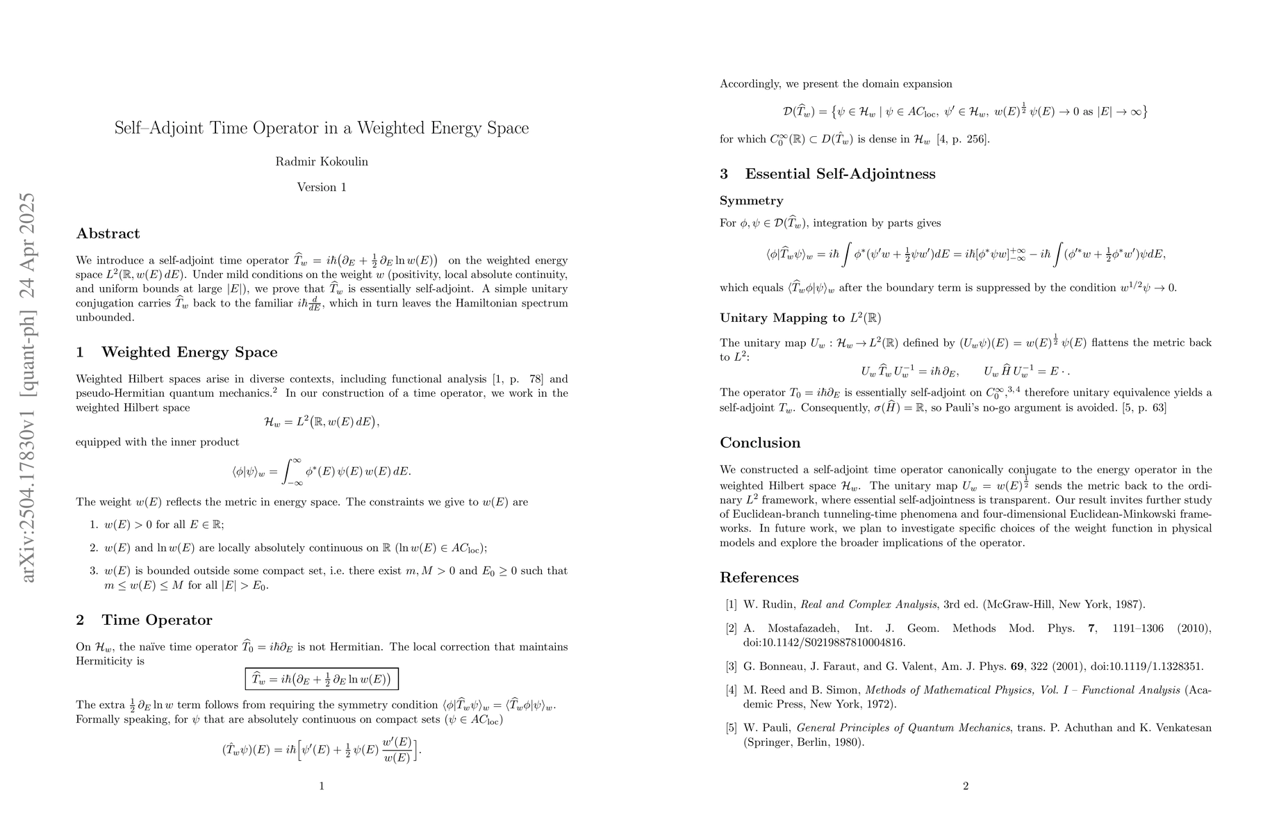 Thumbnail for Self-Adjoint Time Operator in a Weighted Energy Space