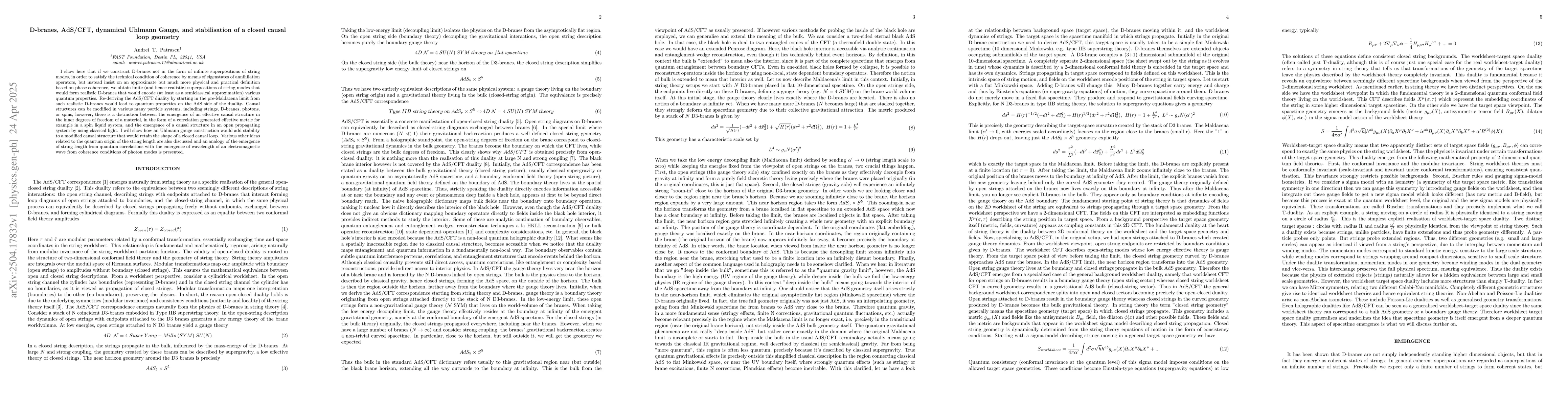 Thumbnail for D-branes, AdS/CFT, dynamical Uhlmann Gauge, and stabilisation of a
  closed causal loop geometry