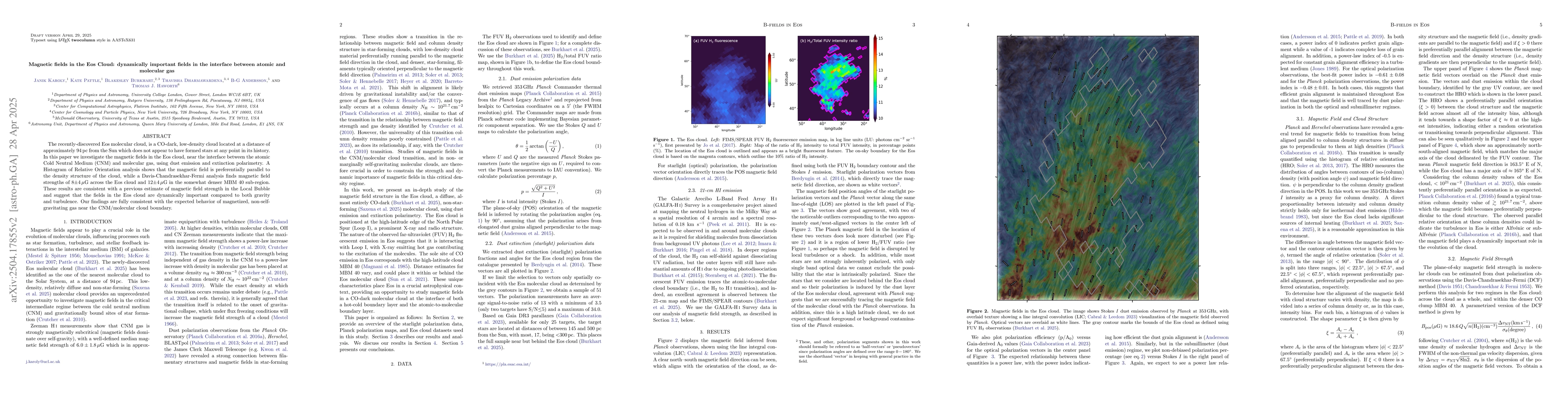 Thumbnail for Magnetic fields in the Eos Cloud: dynamically important fields in the
  interface between atomic and molecular gas