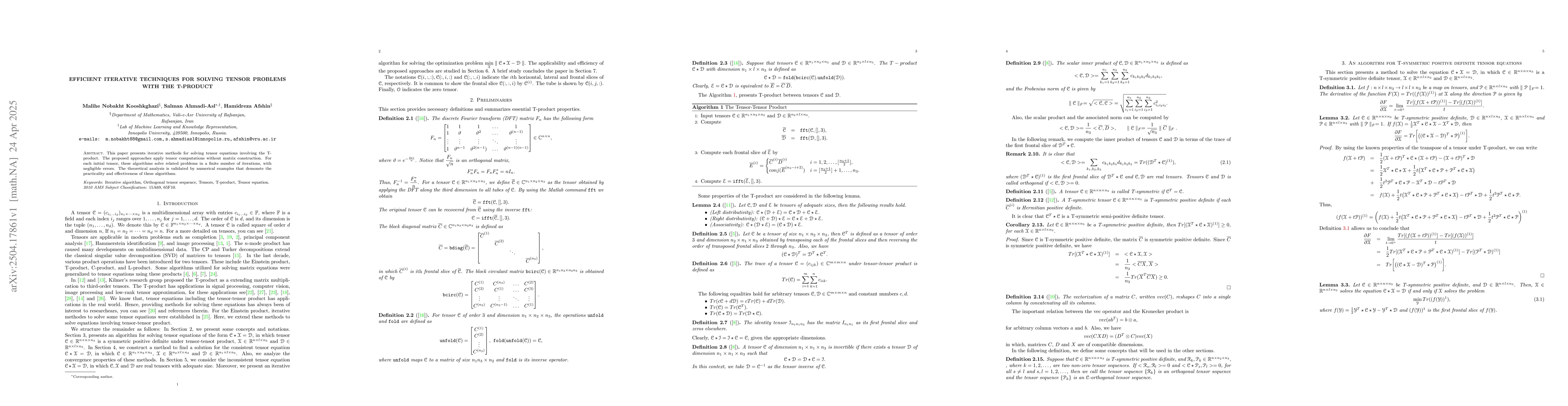 Thumbnail for Efficient iterative techniques for solving tensor problems with the
  T-product
