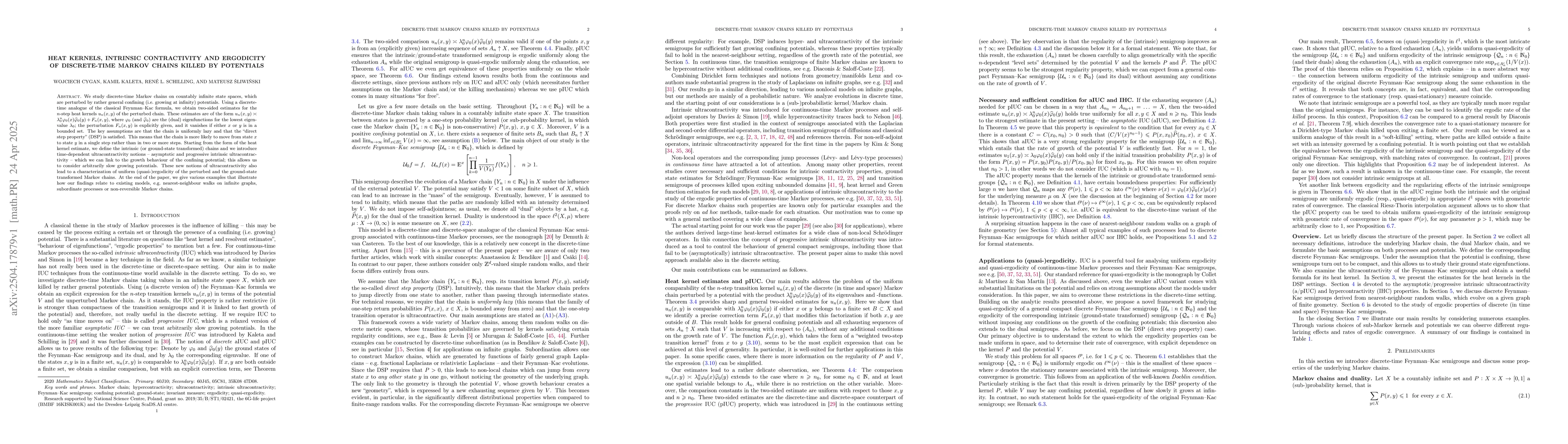 Thumbnail for Heat kernels, intrinsic contractivity and ergodicity of discrete-time
  Markov chains killed by potentials