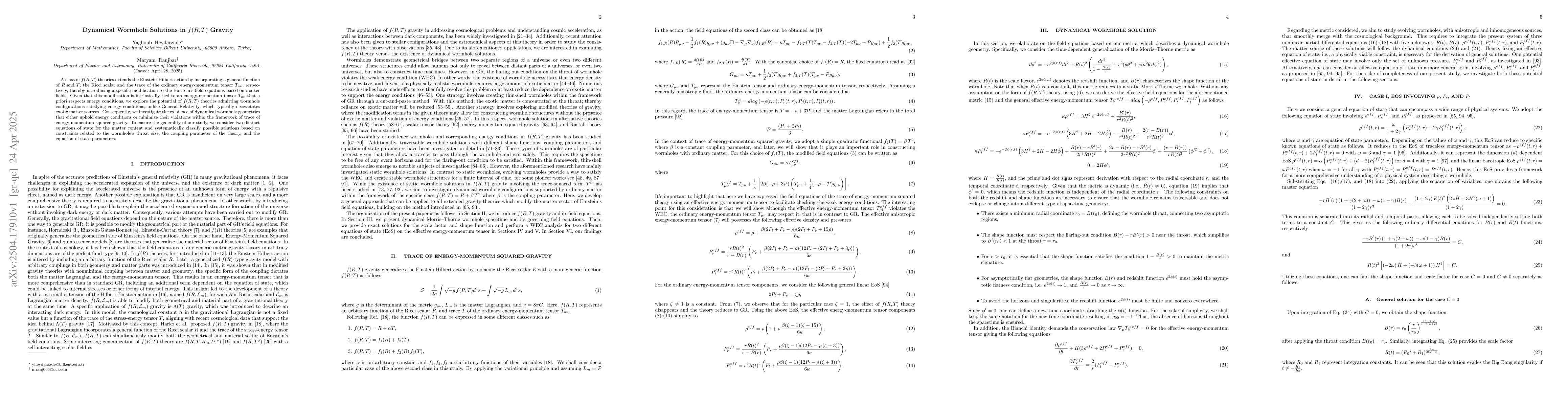 Thumbnail for Dynamical Wormhole Solutions in $f(R, T)$ Gravity