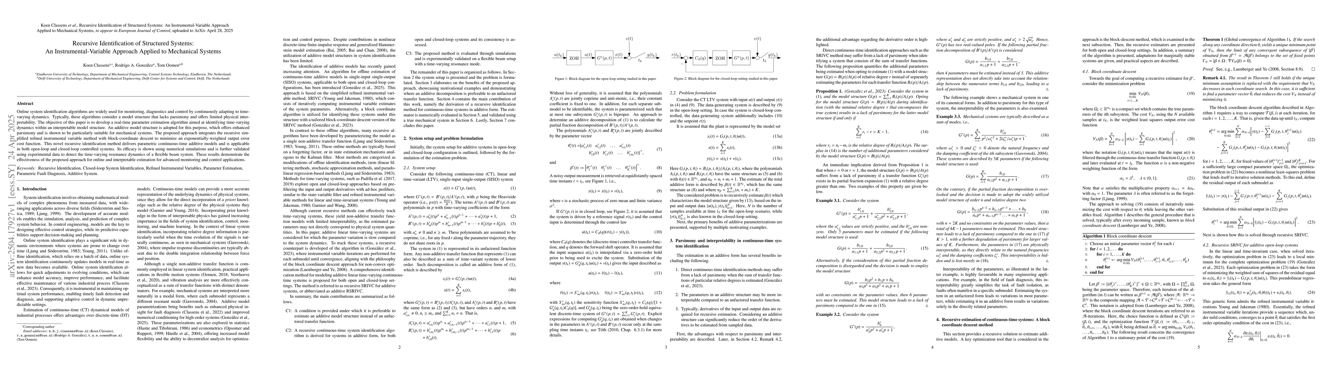 Thumbnail for Recursive Identification of Structured Systems: An Instrumental-Variable
  Approach Applied to Mechanical Systems