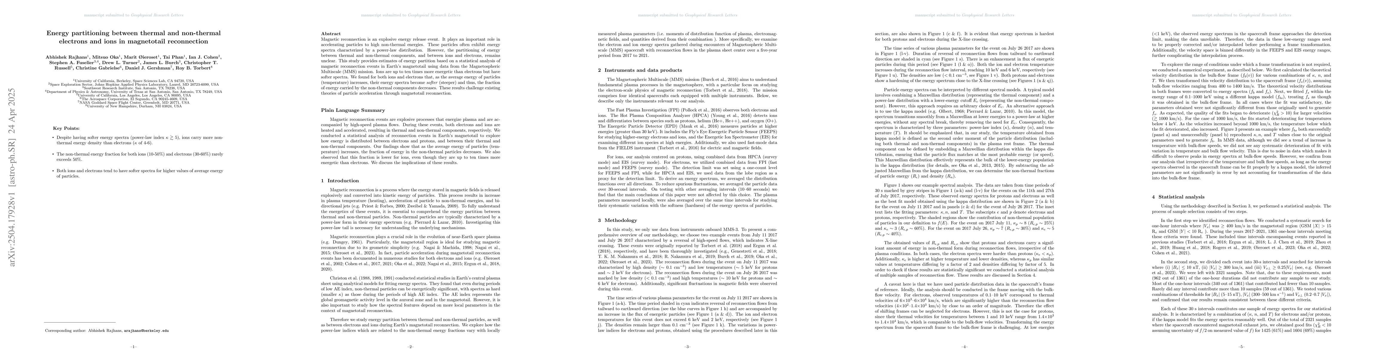 Thumbnail for Energy partitioning between thermal and non-thermal electrons and ions
  in magnetotail reconnection