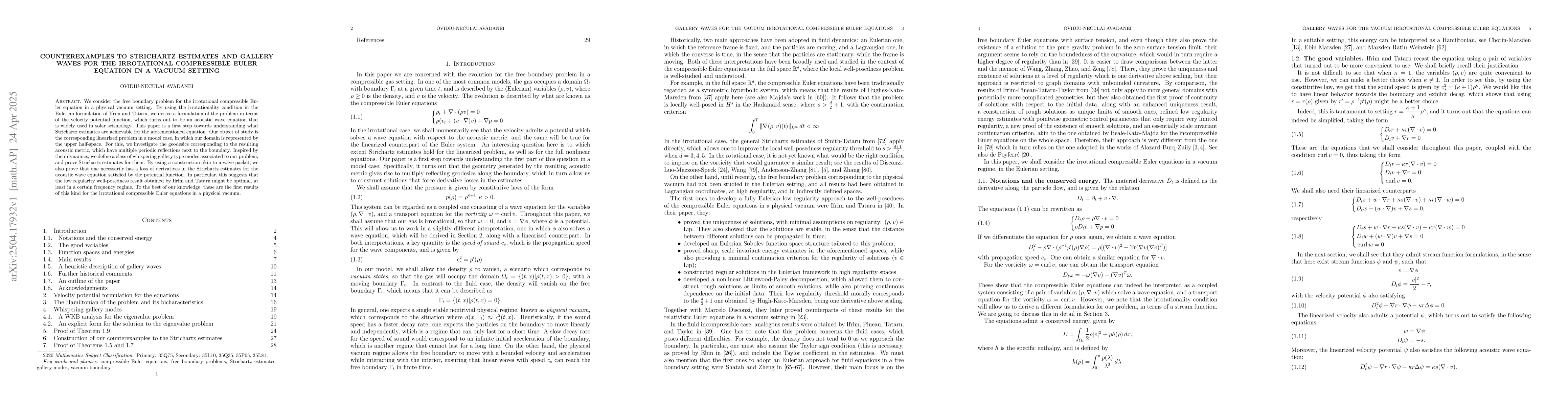 Thumbnail for Counterexamples to Strichartz estimates and gallery waves for the
  irrotational compressible Euler equation in a vacuum setting