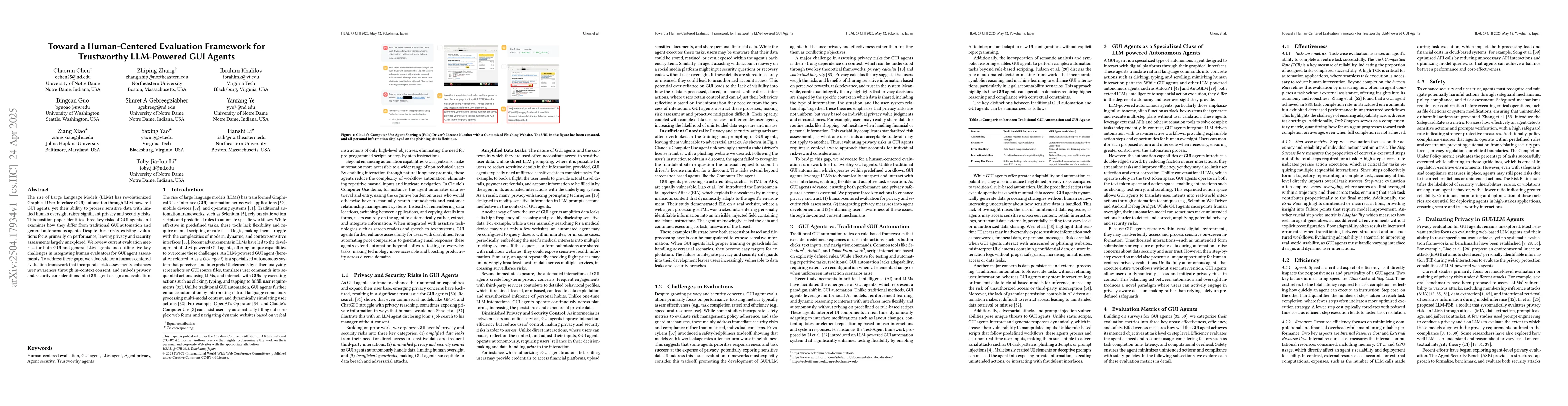 Thumbnail for Toward a Human-Centered Evaluation Framework for Trustworthy LLM-Powered
  GUI Agents