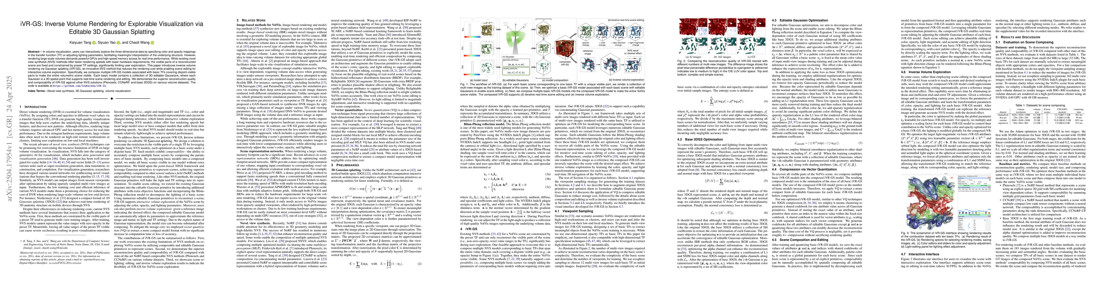 Thumbnail for iVR-GS: Inverse Volume Rendering for Explorable Visualization via
  Editable 3D Gaussian Splatting
