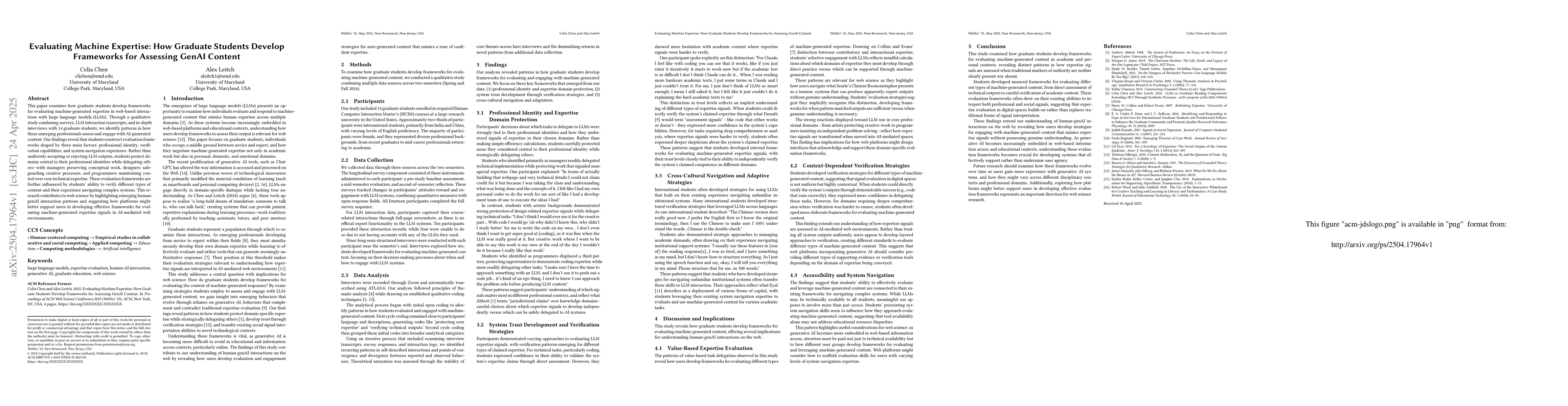 Thumbnail for Evaluating Machine Expertise: How Graduate Students Develop Frameworks
  for Assessing GenAI Content