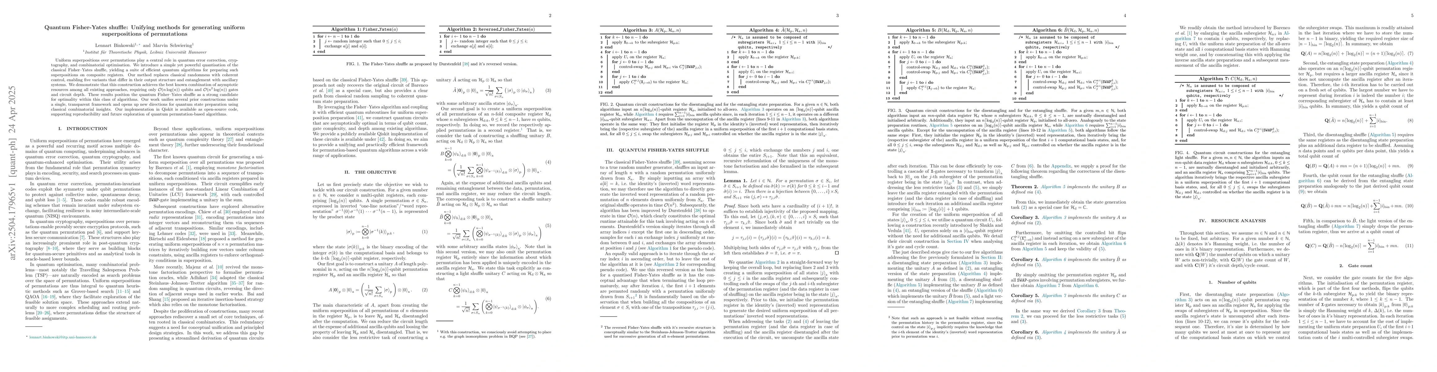 Thumbnail for Quantum Fisher-Yates shuffle: Unifying methods for generating uniform
  superpositions of permutations
