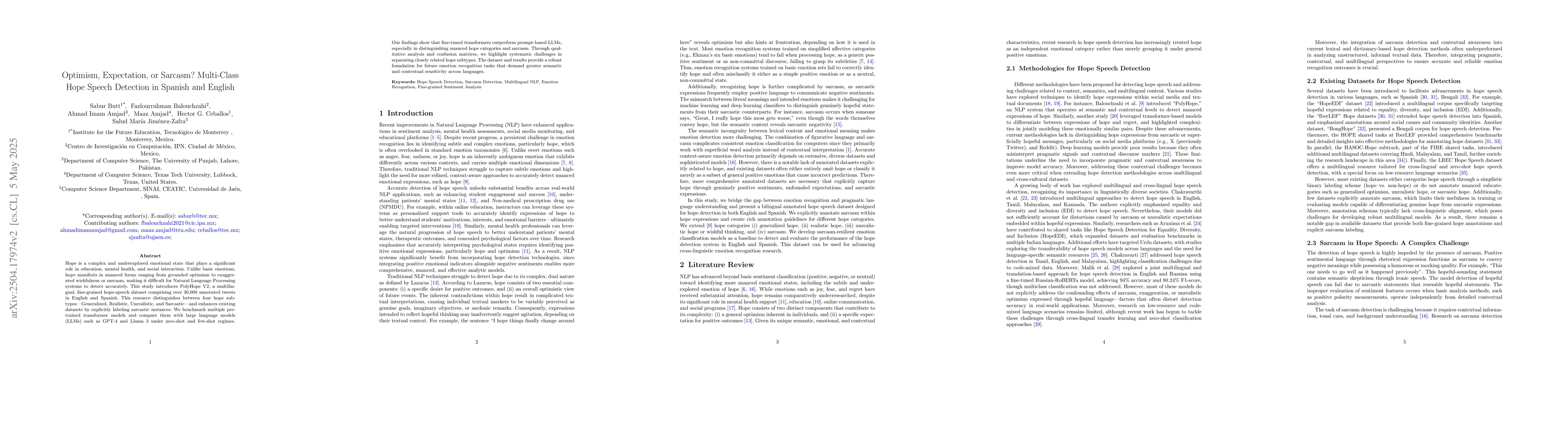 Thumbnail for Optimism, Expectation, or Sarcasm? Multi-Class Hope Speech Detection in
  Spanish and English